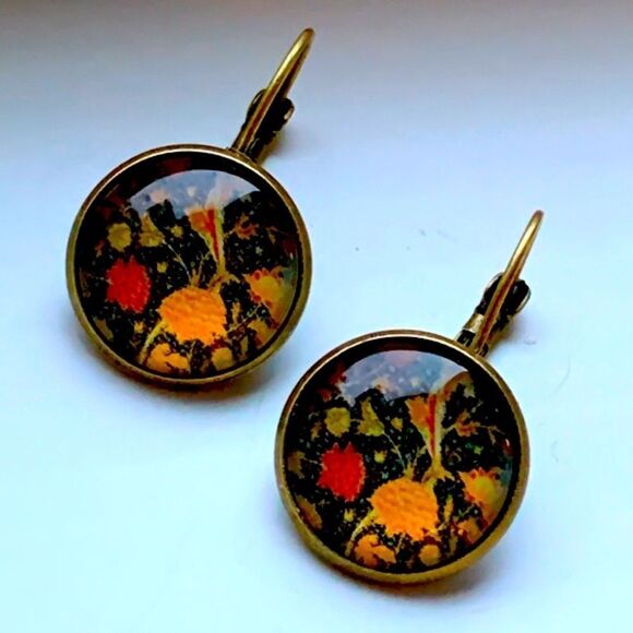 Gilded Black Chiyogami Earrings Glass Cabochon Handmade Men’s Dangles - Picture 1 of 9